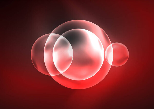 Светящиеся неоновые блестящие прозрачные пузыри, стеклянные круги или концепция био-клеток. Технический футуристический векторный фон для обоев, баннера, фона, карточки, книжной иллюстрации, страницы посадки
