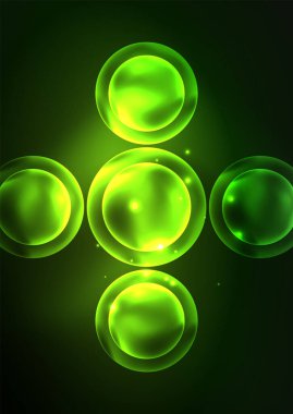 Parlayan neon parlak şeffaf kabarcıklar, cam daireler ya da biyo hücre konsepti. Duvar kağıdı, bayrak, arkaplan, kart, kitap illüstrasyonu, iniş sayfası için tekno fütüristik vektör soyut arkaplan