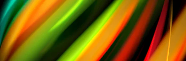 Σχέδιο αφίσας κύματος μεταξιού και ομαλής ροής. Χρώμα κύματα, υγρό στυλ γραμμές και σχήματα σε μαύρο χρώμα φόντο — Διανυσματικό Αρχείο