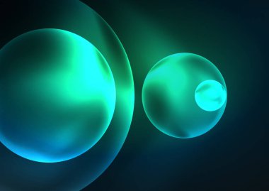 Parlayan neon parlak şeffaf kabarcıklar, cam daireler ya da biyo hücre konsepti. Duvar kağıdı, bayrak, arkaplan, kart, kitap illüstrasyonu, iniş sayfası için tekno fütüristik vektör soyut arkaplan