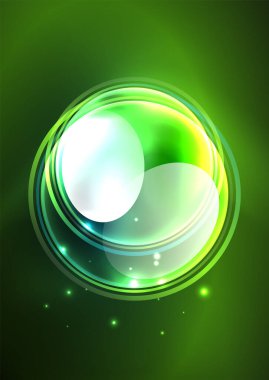 Parlayan neon parlak şeffaf kabarcıklar, cam daireler ya da biyo hücre konsepti. Duvar kağıdı, bayrak, arkaplan, kart, kitap illüstrasyonu, iniş sayfası için tekno fütüristik vektör soyut arkaplan