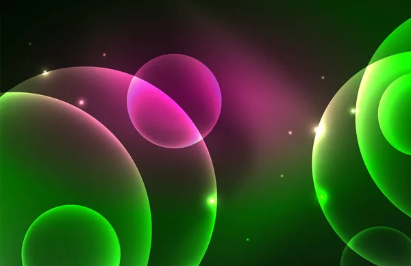 Neon błyszczące przezroczyste świecące koła z efektami świetlnymi. Techno futurystyczny wektor abstrakcyjne tło Tapety, Baner, Tło, Karta, Ilustracja książki, strona lądowania — Wektor stockowy