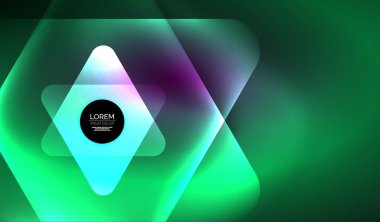 Parlayan neon parlak şeffaf soyut geometrik şekiller ve ışık efektleri. Duvar kağıdı, bayrak, arkaplan, kart, kitap illüstrasyonu, iniş sayfası için tekno fütüristik vektör soyut arkaplan