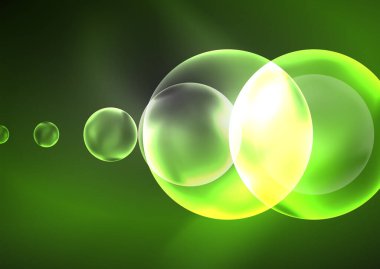Parlayan neon parlak şeffaf kabarcıklar, cam daireler ya da biyo hücre konsepti. Duvar kağıdı, bayrak, arkaplan, kart, kitap illüstrasyonu, iniş sayfası için tekno fütüristik vektör soyut arkaplan