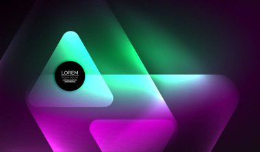 Parlayan neon parlak şeffaf soyut geometrik şekiller ve ışık efektleri. Duvar kağıdı, bayrak, arkaplan, kart, kitap illüstrasyonu, iniş sayfası için tekno fütüristik vektör soyut arkaplan