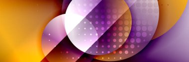 Dinamik trend geometrik soyut arka plan. Çemberler, yuvarlak şekiller üç boyutlu gölge efektleri ve sıvı eğimleri. Modern üst üste bindirme biçimleri