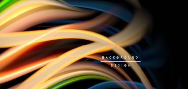 Siyah üzerine soyut ipek düz çizgiler, çok renkli sıvı gökkuşağı tarzı siyah dalgalar