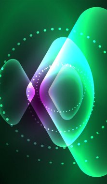 Parlayan neon parlak şeffaf soyut geometrik şekiller ve ışık efektleri. Duvar kağıdı, bayrak, arkaplan, kart, kitap illüstrasyonu, iniş sayfası için tekno fütüristik vektör soyut arkaplan