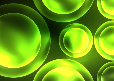 Parlayan neon parlak şeffaf kabarcıklar, cam daireler ya da biyo hücre konsepti. Duvar kağıdı, bayrak, arkaplan, kart, kitap illüstrasyonu, iniş sayfası için tekno fütüristik vektör soyut arkaplan