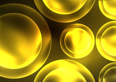 Parlayan neon parlak şeffaf kabarcıklar, cam daireler ya da biyo hücre konsepti. Duvar kağıdı, bayrak, arkaplan, kart, kitap illüstrasyonu, iniş sayfası için tekno fütüristik vektör soyut arkaplan