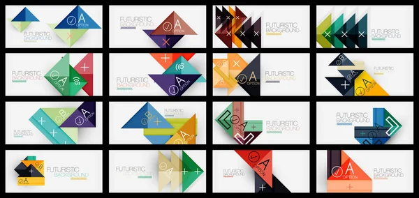 Set of abstract backgrounds, geometric business multicolored paper infographics - triangle frames for text, icons or graphics on light backgrounds with copyspace. Vector Illustrations — Stockvektor