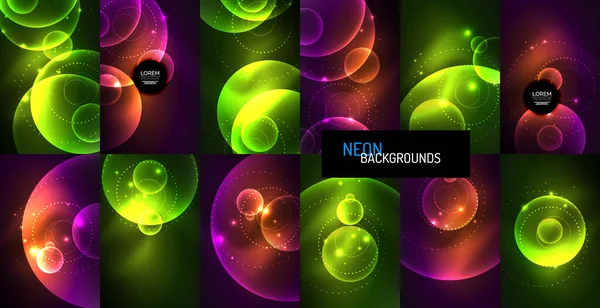 Uppsättning av neon glänsande transparenta glödande cirklar med ljuseffekter. Techno futuristiska vektor abstrakta bakgrunder för Bakgrund, Banner, Bakgrund, Kort, Bokillustration, landningssida — Stock vektor