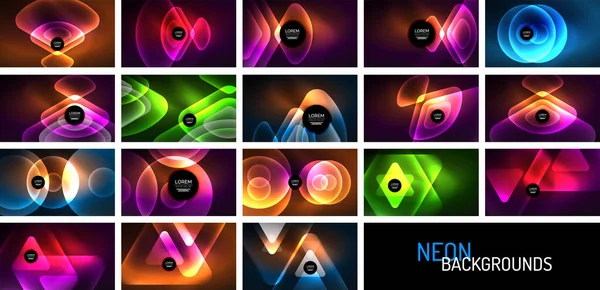 Set of glowing neon shiny transparent abstract geometric shapes with light effects. Techno futuristic vector backgrounds For Wallpaper, Banner, Background, Card, Book Illustration, landing page — Stockvector