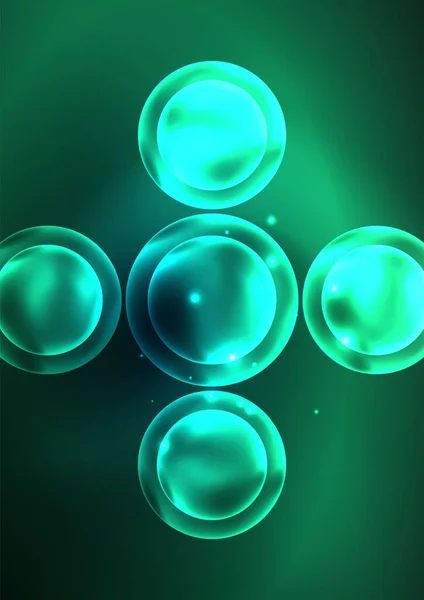 Светящиеся неоновые блестящие прозрачные пузыри, стеклянные круги или концепция био-клеток. Технический футуристический векторный фон для обоев, баннера, фона, карточки, книжной иллюстрации, страницы посадки — стоковый вектор