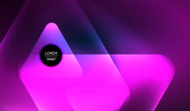 Parlayan neon parlak şeffaf soyut geometrik şekiller ve ışık efektleri. Duvar kağıdı, bayrak, arkaplan, kart, kitap illüstrasyonu, iniş sayfası için tekno fütüristik vektör soyut arkaplan