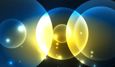 Parlayan neon parlak şeffaf soyut geometrik şekiller ve ışık efektleri. Duvar kağıdı, bayrak, arkaplan, kart, kitap illüstrasyonu, iniş sayfası için tekno fütüristik vektör soyut arkaplan