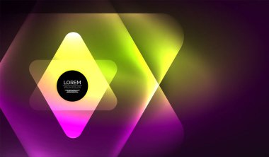 Parlayan neon parlak şeffaf soyut geometrik şekiller ve ışık efektleri. Duvar kağıdı, bayrak, arkaplan, kart, kitap illüstrasyonu, iniş sayfası için tekno fütüristik vektör soyut arkaplan