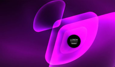 Parlayan neon parlak şeffaf soyut geometrik şekiller ve ışık efektleri. Duvar kağıdı, bayrak, arkaplan, kart, kitap illüstrasyonu, iniş sayfası için tekno fütüristik vektör soyut arkaplan