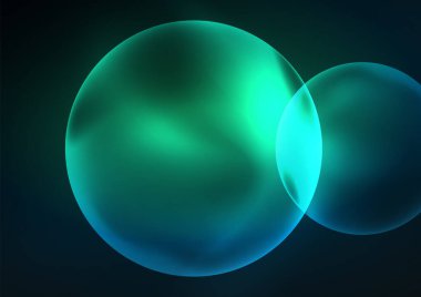 Parlayan neon parlak şeffaf kabarcıklar, cam daireler ya da biyo hücre konsepti. Duvar kağıdı, bayrak, arkaplan, kart, kitap illüstrasyonu, iniş sayfası için tekno fütüristik vektör soyut arkaplan