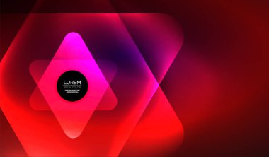 Parlayan neon parlak şeffaf soyut geometrik şekiller ve ışık efektleri. Duvar kağıdı, bayrak, arkaplan, kart, kitap illüstrasyonu, iniş sayfası için tekno fütüristik vektör soyut arkaplan