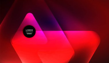 Parlayan neon parlak şeffaf soyut geometrik şekiller ve ışık efektleri. Duvar kağıdı, bayrak, arkaplan, kart, kitap illüstrasyonu, iniş sayfası için tekno fütüristik vektör soyut arkaplan