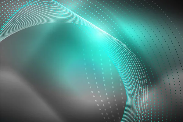 抽象粒子、波背景、ネオンモーションテクノデザイン — ストックベクタ