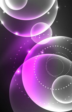 Işık efektleriyle şeffaf parlak parlak daireler. Duvar kağıdı, bayrak, arkaplan, kart, kitap illüstrasyonu, iniş sayfası için tekno fütüristik vektör soyut arkaplan