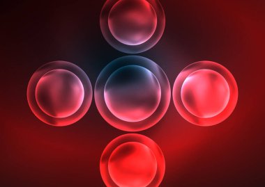 Parlayan neon parlak şeffaf kabarcıklar, cam daireler ya da biyo hücre konsepti. Duvar kağıdı, bayrak, arkaplan, kart, kitap illüstrasyonu, iniş sayfası için tekno fütüristik vektör soyut arkaplan