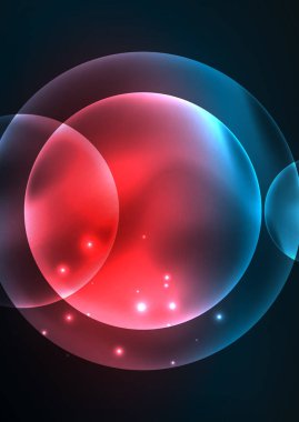 Parlayan neon parlak şeffaf kabarcıklar, cam daireler ya da biyo hücre konsepti. Duvar kağıdı, bayrak, arkaplan, kart, kitap illüstrasyonu, iniş sayfası için tekno fütüristik vektör soyut arkaplan