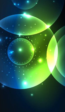 Parlayan neon parlak şeffaf soyut geometrik şekiller ve ışık efektleri. Duvar kağıdı, bayrak, arkaplan, kart, kitap illüstrasyonu, iniş sayfası için tekno fütüristik vektör soyut arkaplan