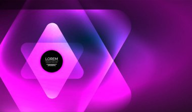 Parlayan neon parlak şeffaf soyut geometrik şekiller ve ışık efektleri. Duvar kağıdı, bayrak, arkaplan, kart, kitap illüstrasyonu, iniş sayfası için tekno fütüristik vektör soyut arkaplan