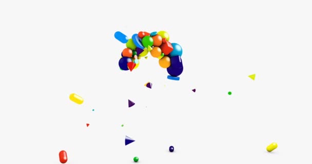 Fundo gráfico de movimento espiral de cores do arco-íris feito de esferas de formas geométricas de brinquedos, cones, cubos e outros elementos — Vídeo de Stock