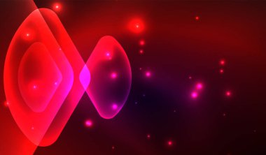 Parlayan neon parlak şeffaf soyut geometrik şekiller ve ışık efektleri. Duvar kağıdı, bayrak, arkaplan, kart, kitap illüstrasyonu, iniş sayfası için tekno fütüristik vektör soyut arkaplan