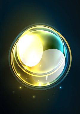 Parlayan neon parlak şeffaf kabarcıklar, cam daireler ya da biyo hücre konsepti. Duvar kağıdı, bayrak, arkaplan, kart, kitap illüstrasyonu, iniş sayfası için tekno fütüristik vektör soyut arkaplan