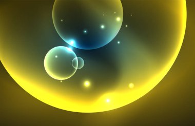 Işık efektleriyle şeffaf parlak parlak daireler. Duvar kağıdı, bayrak, arkaplan, kart, kitap illüstrasyonu, iniş sayfası için tekno fütüristik vektör soyut arkaplan