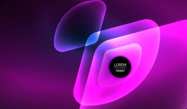 Parlayan neon parlak şeffaf soyut geometrik şekiller ve ışık efektleri. Duvar kağıdı, bayrak, arkaplan, kart, kitap illüstrasyonu, iniş sayfası için tekno fütüristik vektör soyut arkaplan