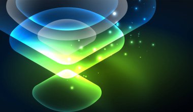 Parlayan neon parlak şeffaf soyut geometrik şekiller ve ışık efektleri. Duvar kağıdı, bayrak, arkaplan, kart, kitap illüstrasyonu, iniş sayfası için tekno fütüristik vektör soyut arkaplan