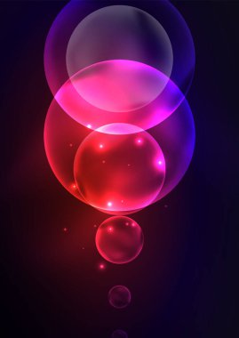 Parlayan neon parlak şeffaf kabarcıklar, cam daireler ya da biyo hücre konsepti. Duvar kağıdı, bayrak, arkaplan, kart, kitap illüstrasyonu, iniş sayfası için tekno fütüristik vektör soyut arkaplan