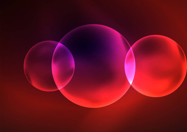 Светящиеся неоновые блестящие прозрачные пузыри, стеклянные круги или концепция био-клеток. Технический футуристический векторный фон для обоев, баннера, фона, карточки, книжной иллюстрации, страницы посадки

