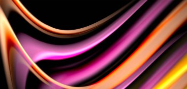 Siyah üzerine soyut ipek düz çizgiler, çok renkli sıvı gökkuşağı tarzı siyah dalgalar