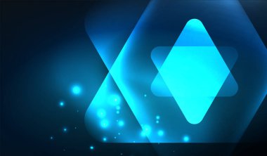 Parlayan neon parlak şeffaf soyut geometrik şekiller ve ışık efektleri. Duvar kağıdı, bayrak, arkaplan, kart, kitap illüstrasyonu, iniş sayfası için tekno fütüristik vektör soyut arkaplan