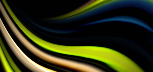 Líneas lisas de seda abstractas en negro, ondas fluidas líquidas multicolores estilo arco iris en negro — Archivo Imágenes Vectoriales