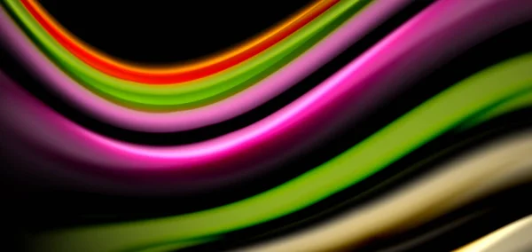 Linhas lisas de seda abstrata em preto, ondas de fluido líquido multicolorido estilo arco-íris em preto — Vetor de Stock