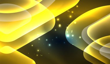 Parlayan neon parlak şeffaf soyut geometrik şekiller ve ışık efektleri. Duvar kağıdı, bayrak, arkaplan, kart, kitap illüstrasyonu, iniş sayfası için tekno fütüristik vektör soyut arkaplan