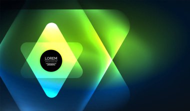 Parlayan neon parlak şeffaf soyut geometrik şekiller ve ışık efektleri. Duvar kağıdı, bayrak, arkaplan, kart, kitap illüstrasyonu, iniş sayfası için tekno fütüristik vektör soyut arkaplan