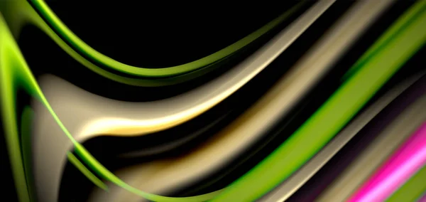 Abstract silk smooth lines on black, multicolored liquid fluid rainbow style waves on black — Stock Vector
