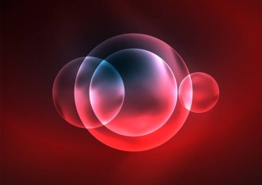 Parlayan neon parlak şeffaf kabarcıklar, cam daireler ya da biyo hücre konsepti. Duvar kağıdı, bayrak, arkaplan, kart, kitap illüstrasyonu, iniş sayfası için tekno fütüristik vektör soyut arkaplan