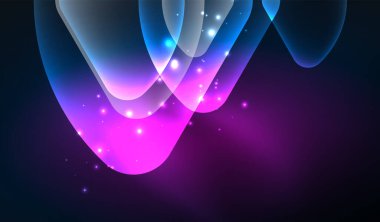 Parlayan neon parlak şeffaf soyut geometrik şekiller ve ışık efektleri. Duvar kağıdı, bayrak, arkaplan, kart, kitap illüstrasyonu, iniş sayfası için tekno fütüristik vektör soyut arkaplan