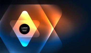 Parlayan neon parlak şeffaf soyut geometrik şekiller ve ışık efektleri. Duvar kağıdı, bayrak, arkaplan, kart, kitap illüstrasyonu, iniş sayfası için tekno fütüristik vektör soyut arkaplan