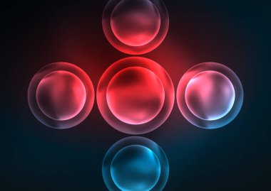 Parlayan neon parlak şeffaf kabarcıklar, cam daireler ya da biyo hücre konsepti. Duvar kağıdı, bayrak, arkaplan, kart, kitap illüstrasyonu, iniş sayfası için tekno fütüristik vektör soyut arkaplan